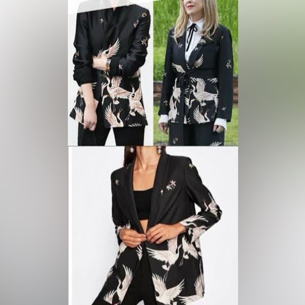 zara crane bird print blazer with sash belt Sz XS - Picture 9 of 16